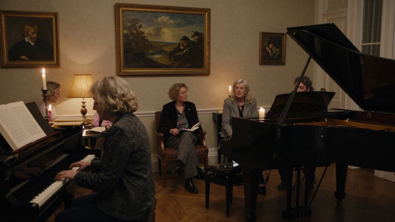 A group of adults in a candlelit salon engaged in thoughtful conversation near a grand piano.
