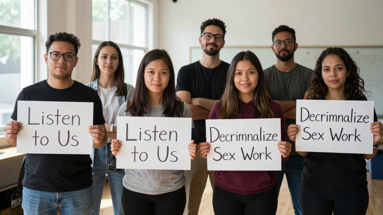 A group of diverse individuals standing together with signs advocating for sex worker rights and respect.