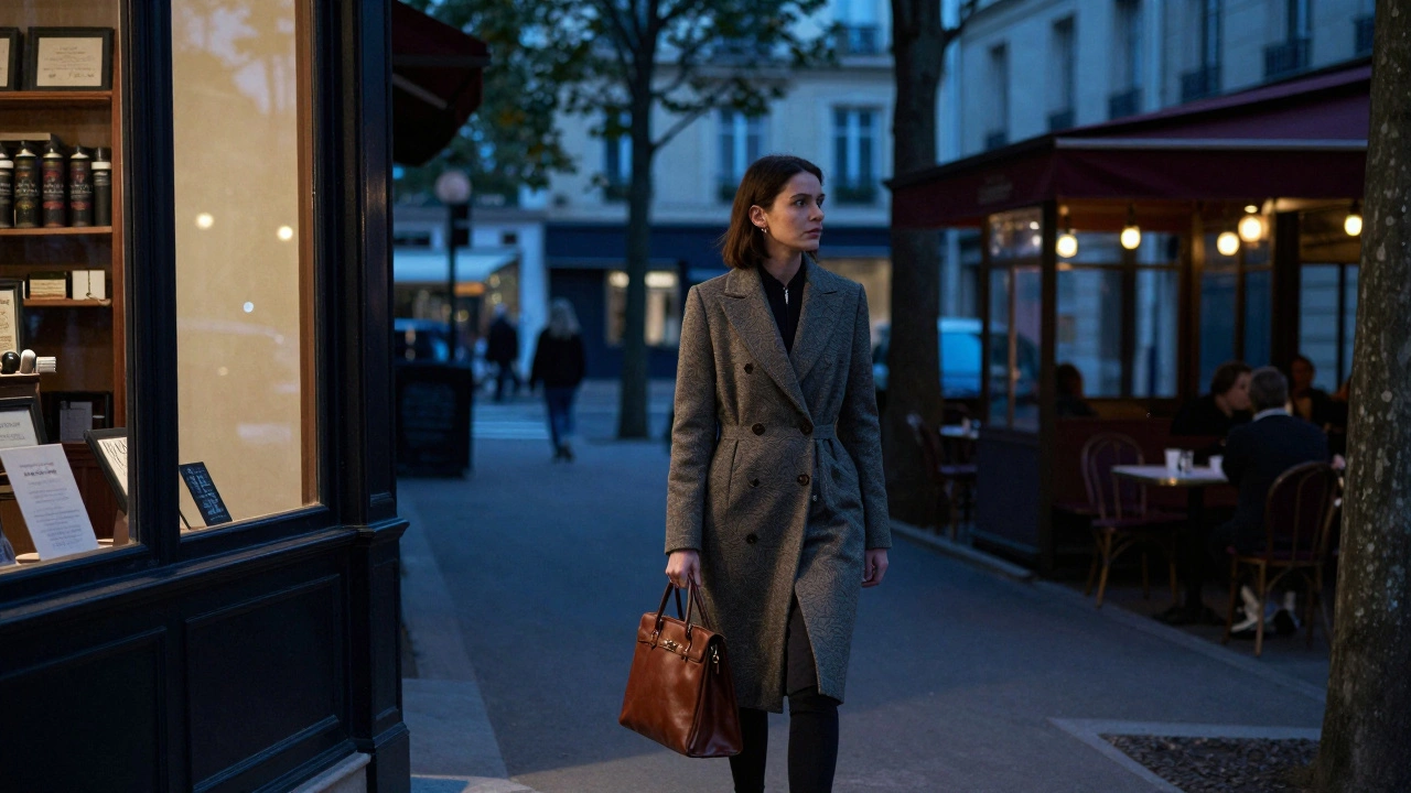 A professional woman walking calmly down a quiet Paris street at twilight, exuding discretion and elegance.